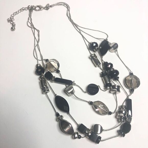 210 CHICO'S Black & silver tone bead clear crystal layered necklace 16"-20" Long - Picture 2 of 2